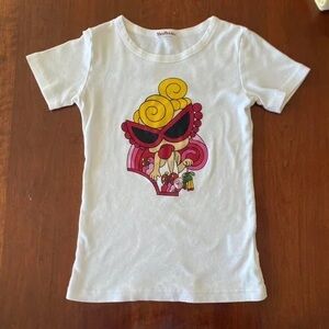 White Graphic Short-Sleeve Tee with Pink & Yellow Motif